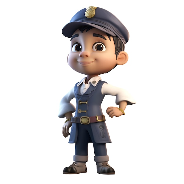 Rendu 3D d'un petit garçon avec une casquette de police et un uniforme de police