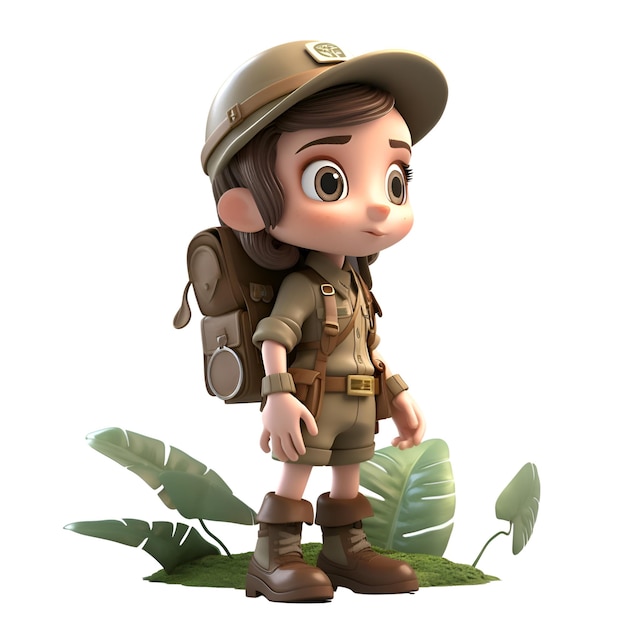 Rendu 3D d'un petit garçon avec chapeau safari et sac à dos
