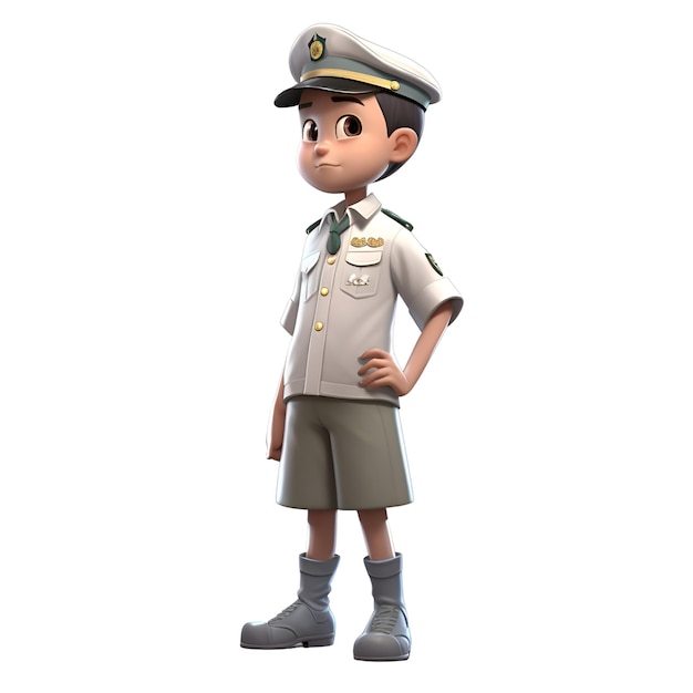 Rendu 3D d'un petit garçon avec chapeau et uniforme de policier