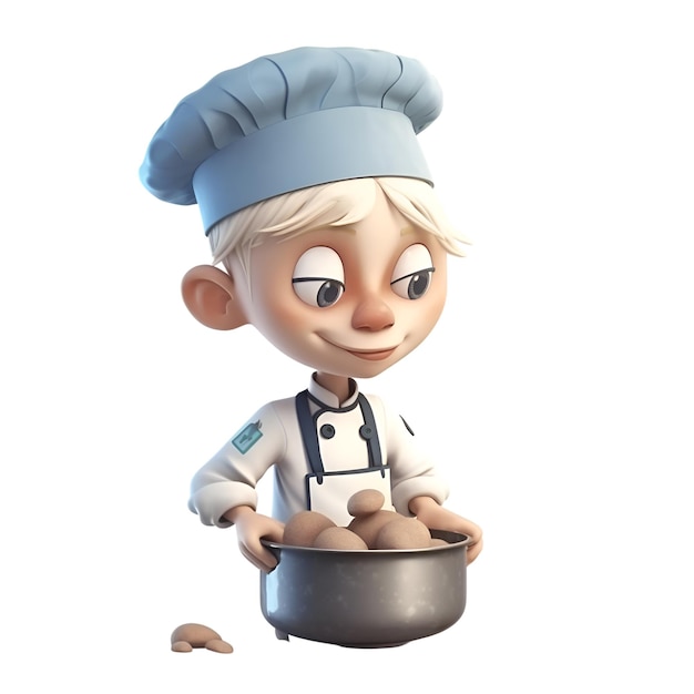 Rendu 3D d'un petit garçon chef avec pot plein de pommes de terre