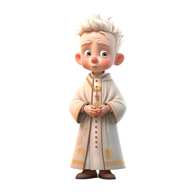 Rendu 3D d'un petit garçon en costume de prêtre isolé sur fond blanc