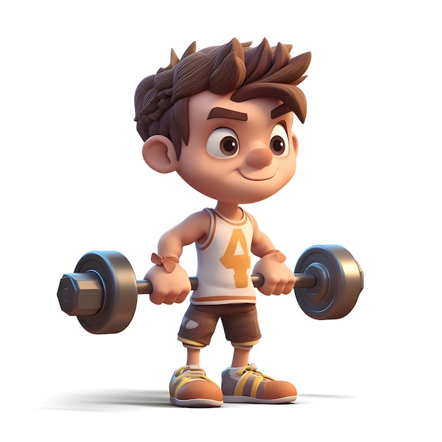 Rendu 3D d'un petit garçon faisant du fitness avec des haltères