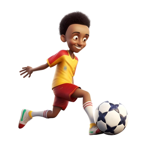 Rendu 3D d'un petit garçon jouant au football isolé sur fond blanc