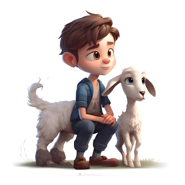 rendu 3D d'un petit garçon mignon avec une chèvre sur un fond blanc