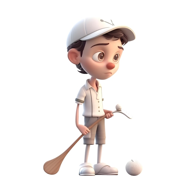 Rendu 3D d'un petit garçon avec une pagaie et une balle de golf