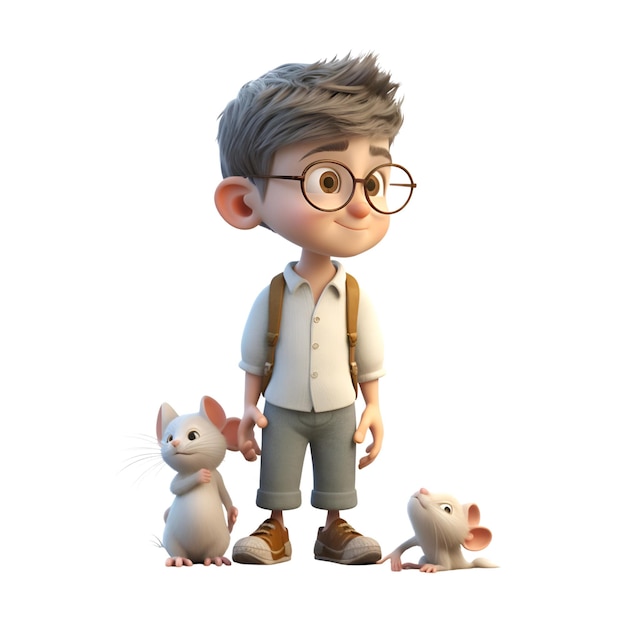 Rendu 3D d'un petit garçon avec un rat sur fond blanc