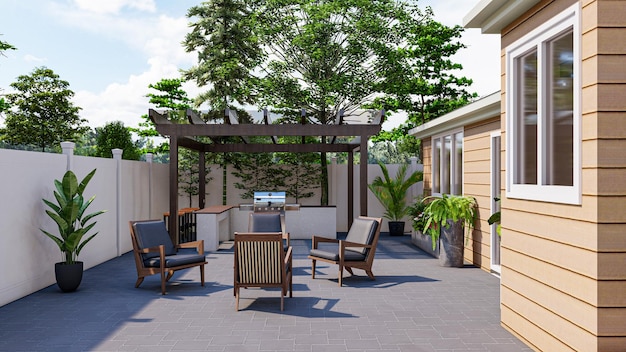Rendu 3D d'un petit jardin, d'un espace barbecue et d'une terrasse