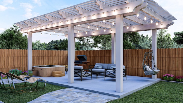 Rendu 3D d'un petit patio avec pergola et bain à remous