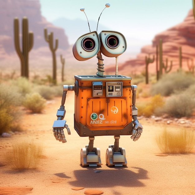Rendu 3D d'un petit robot dans le désert avec cactus