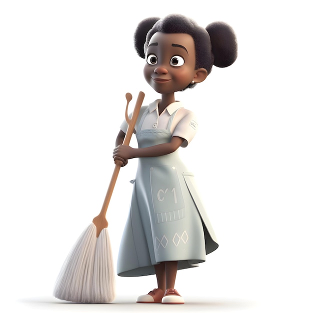 Rendu 3D d'une petite fille afro-américaine avec un balai