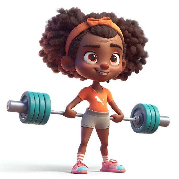 Rendu 3D d'une petite fille afro-américaine exerçant avec des haltères