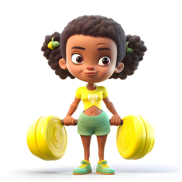 Rendu 3D de la petite fille afro-américaine avec haltère sur fond blanc