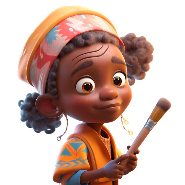 Photo rendu 3d d'une petite fille afro-américaine avec un pinceau