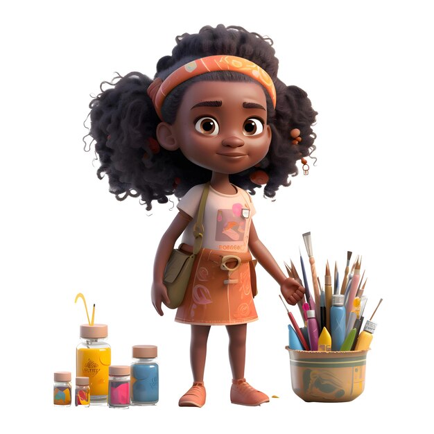 Photo rendu 3d d'une petite fille artiste africaine avec des pinceaux