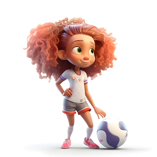 Rendu 3D d'une petite fille avec un ballon de football isolé sur fond blanc