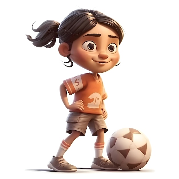 Rendu 3D d'une petite fille avec un ballon de football isolé sur fond blanc