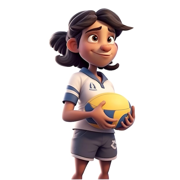 Rendu 3D d'une petite fille avec ballon de volley-ball isolé sur fond blanc
