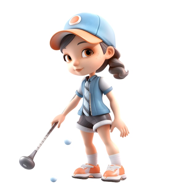 Rendu 3D d'une petite fille avec une batte et une balle de golf