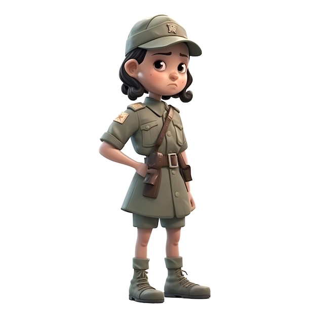 Rendu 3D d'une petite fille habillée en soldat WW2 isolé sur fond blanc