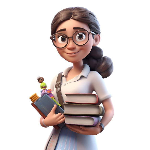 Rendu 3D de petite fille avec livre et lunettes avec sacs à dos