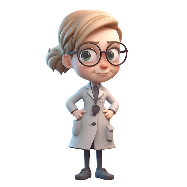 Rendu 3D de petite fille avec des lunettes et une blouse de laboratoire