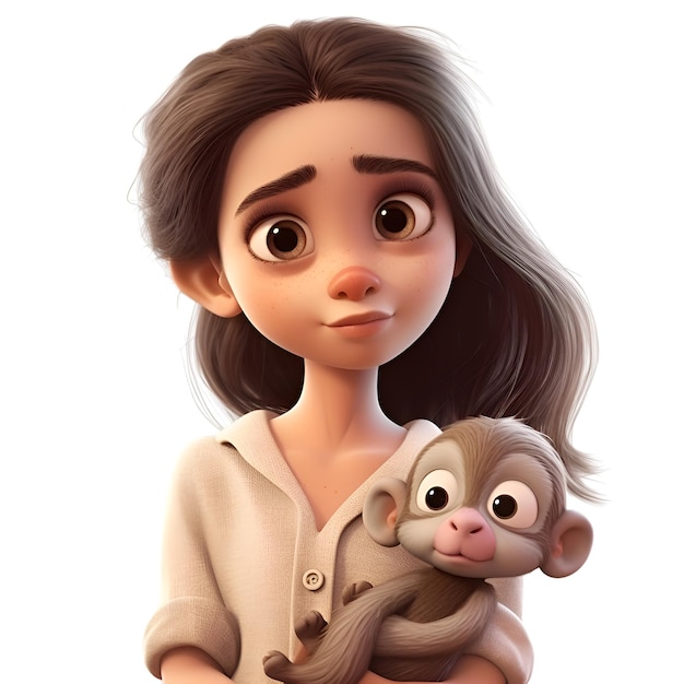 rendu 3D d'une petite fille mignonne avec un jouet de singe