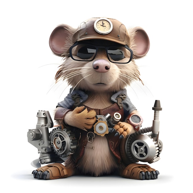 Le rendu 3D d'une petite souris comme un steampunk isolé sur fond blanc