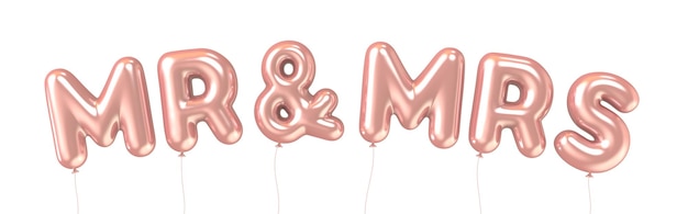 Rendu 3D phrase de ballon en aluminium MRMRS en or rose sur fond blanc