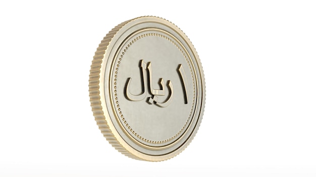 Rendu 3D de pièce de monnaie riyal arabe doré isolé sur fond blanc