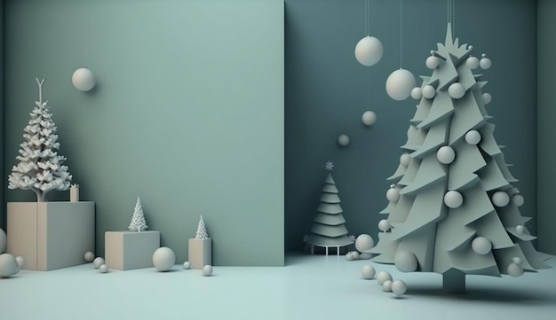 Un rendu 3d d'une pièce avec un mur bleu et un arbre avec des boules blanches.