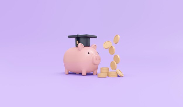 rendu 3d des pièces d'icône de chapeau de graduation et concept de tirelire d'économiser de l'argent pour l'éducation sur le style de dessin animé d'illustration de rendu 3d de fond