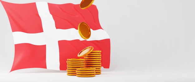 Rendu 3D de pièces d'or et drapeau du Danemark. Achats en ligne et e-commerce sur le concept d'entreprise web. Transaction de paiement en ligne sécurisée avec smartphone.