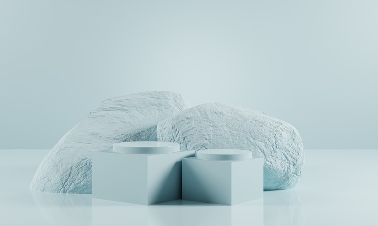 Photo rendu 3d de piédestaux géométriques bleus