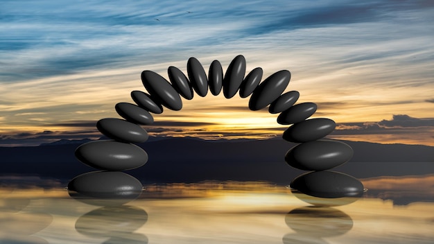 Rendu 3D de pierres d'équilibrage formant une arche dans l'eau avec ciel coucher de soleil et paysage paisible