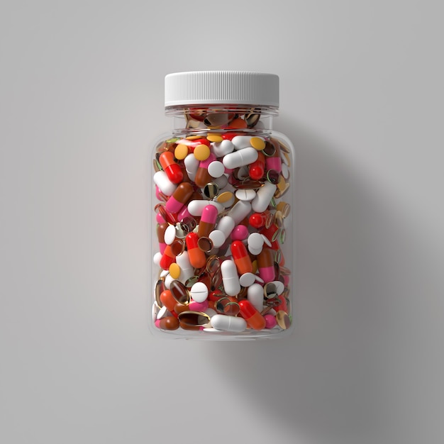 Photo rendu 3d de pilules de médecine dans une bouteille en verre avec bouchon. illustration médicale abstraite.
