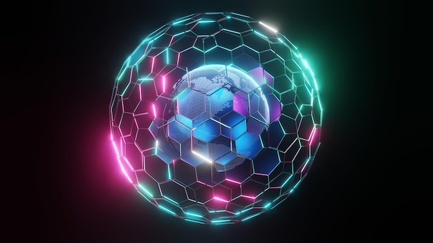 Rendu 3D Planète numérique Maille hexagonale rougeoyante bleue Réseau mondial et concept de communication Globe terrestre business high tech background