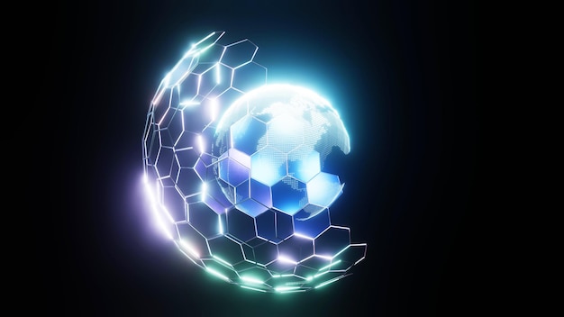 Rendu 3D Planète numérique Maille hexagonale rougeoyante bleue
