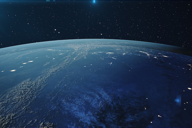 Rendu 3D de la planète Terre depuis l'espace la nuit. Le globe terrestre depuis l'espace dans un champ d'étoiles montrant le terrain et les éléments de nuages de cette image fournie par la NASA.