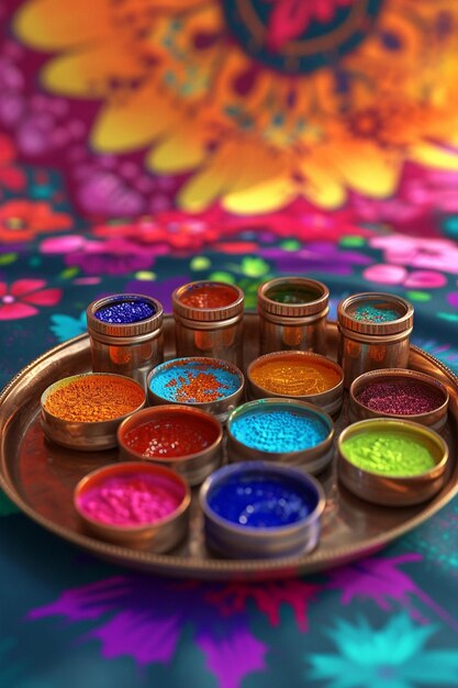 Photo un rendu 3d d'une plaque traditionnelle holi thali disposée avec de petits récipients de couleurs holi et sp