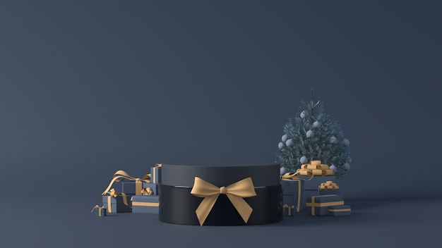 Rendu 3D d'un podium avec des cadeaux de Noël