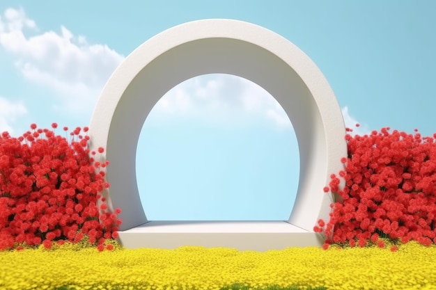 Rendu 3D d'un podium naturel avec une base en pierre entourée d'herbe à fleurs jaunes et rouges