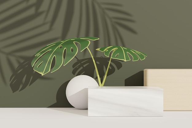 Rendu 3D d'un podium de piédestal abstrait avec des feuilles de terrazzo et de Monstera. Concept de produit et de promotion pour la publicité. Fond naturel vert.