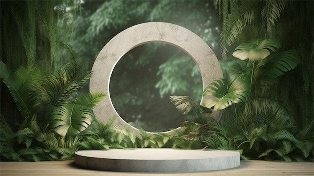 Rendu 3D d'un podium en pierre et de plantes tropicales en arrière-plan