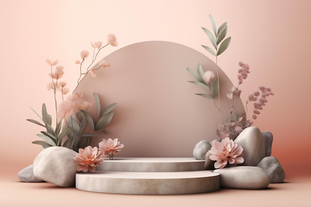 Rendu 3D d'un podium rond avec des fleurs colorées