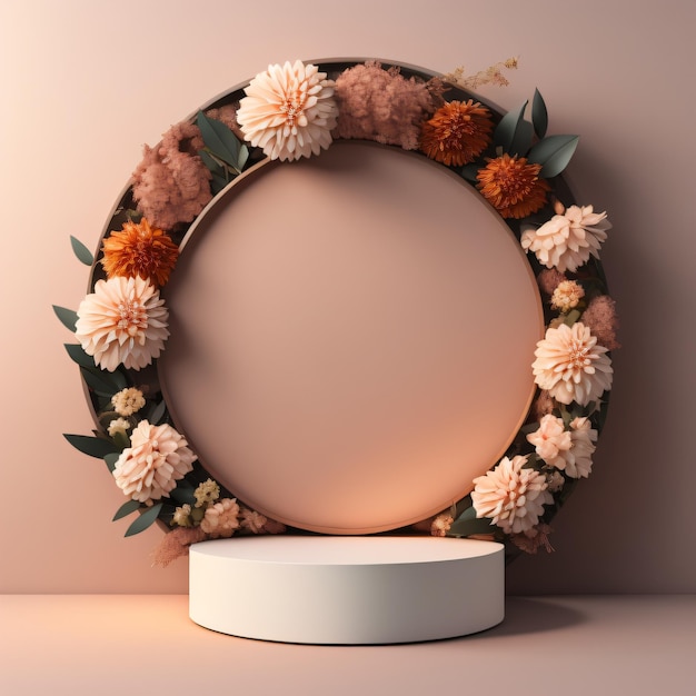 Rendu 3d d'un podium rond vide pour une maquette de produit avec fond floral