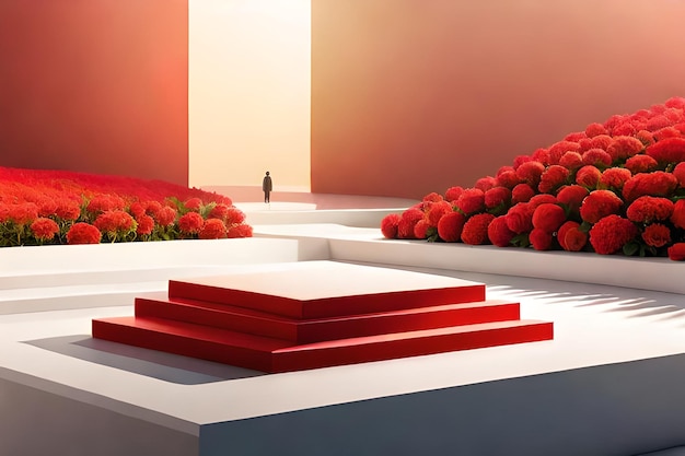 Rendu 3D d'un podium rouge dans un intérieur classique avec mur doré et colonnes dorées