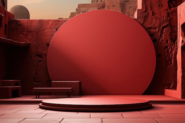 Rendu 3D d'un podium rouge pour l'exposition des produits dans les ruines antiques