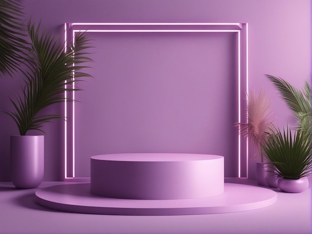 Un rendu 3D d'un podium violet clair abstrait avec cadre et fond de feuille de palmier