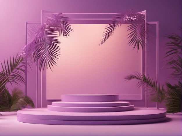 Un rendu 3D d'un podium violet clair abstrait avec cadre et fond de feuille de palmier