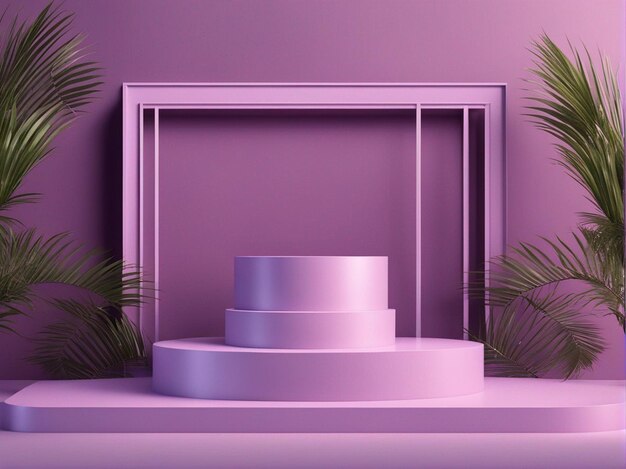 Un rendu 3D d'un podium violet clair abstrait avec un cadre et un fond de feuille de palmier